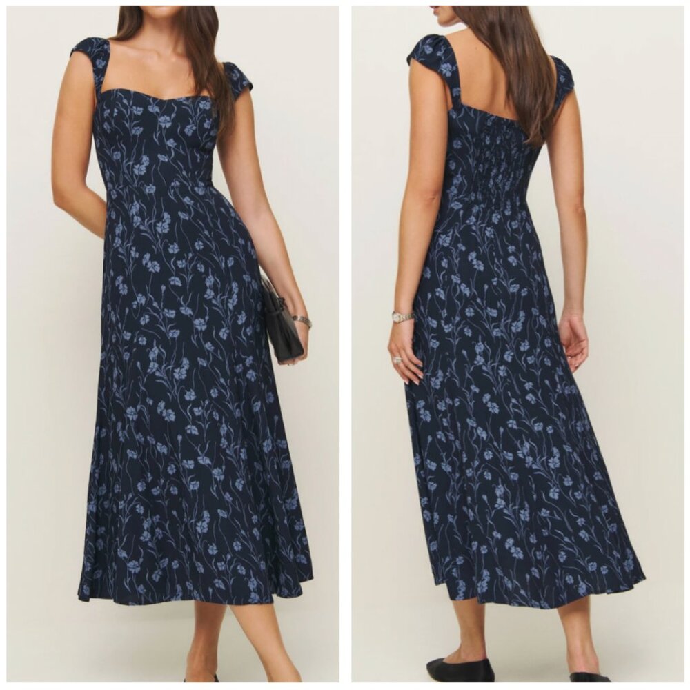Reformation Bryson Navy Blue Floral Midi Dress Georgia Blue Floral